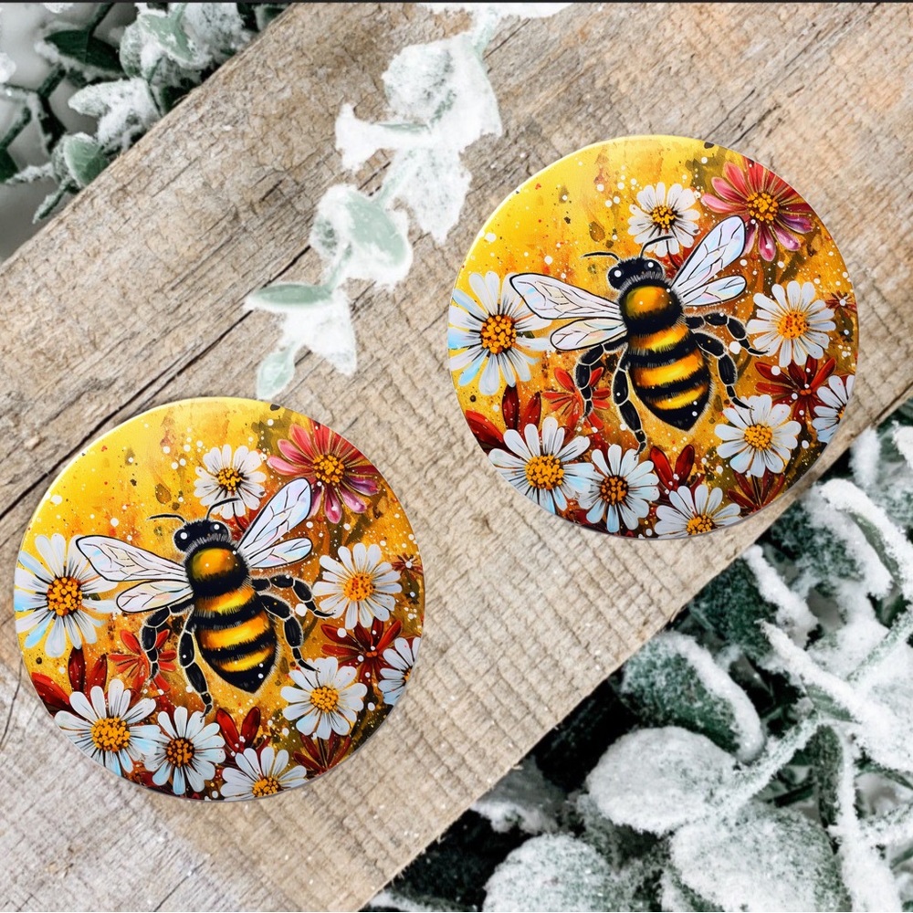 Handmade Honey Bee Car Coasters | New Set Of Two Bee Car Coasters